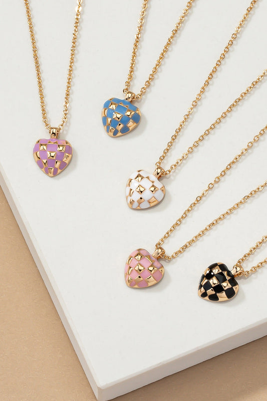 Adorn yourself with charm and style with our Checker Heart Pendant Necklace. This exquisite piece features a heart-shaped pendant crafted from alloy with enamel color, showcasing a playful checker pattern.
