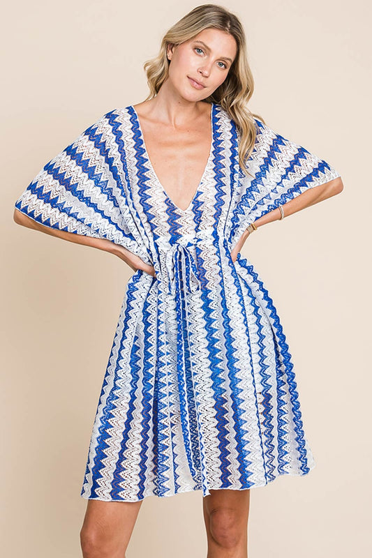 Featuring a classic striped pattern, plunging neckline, and tied details, this versatile piece is perfect for any warm day. Layer over swimsuits or pair with shorts for a trendy summer look. Effortlessly elevate your beach style with our Lola Crochet Lace Cover Up in Blue.