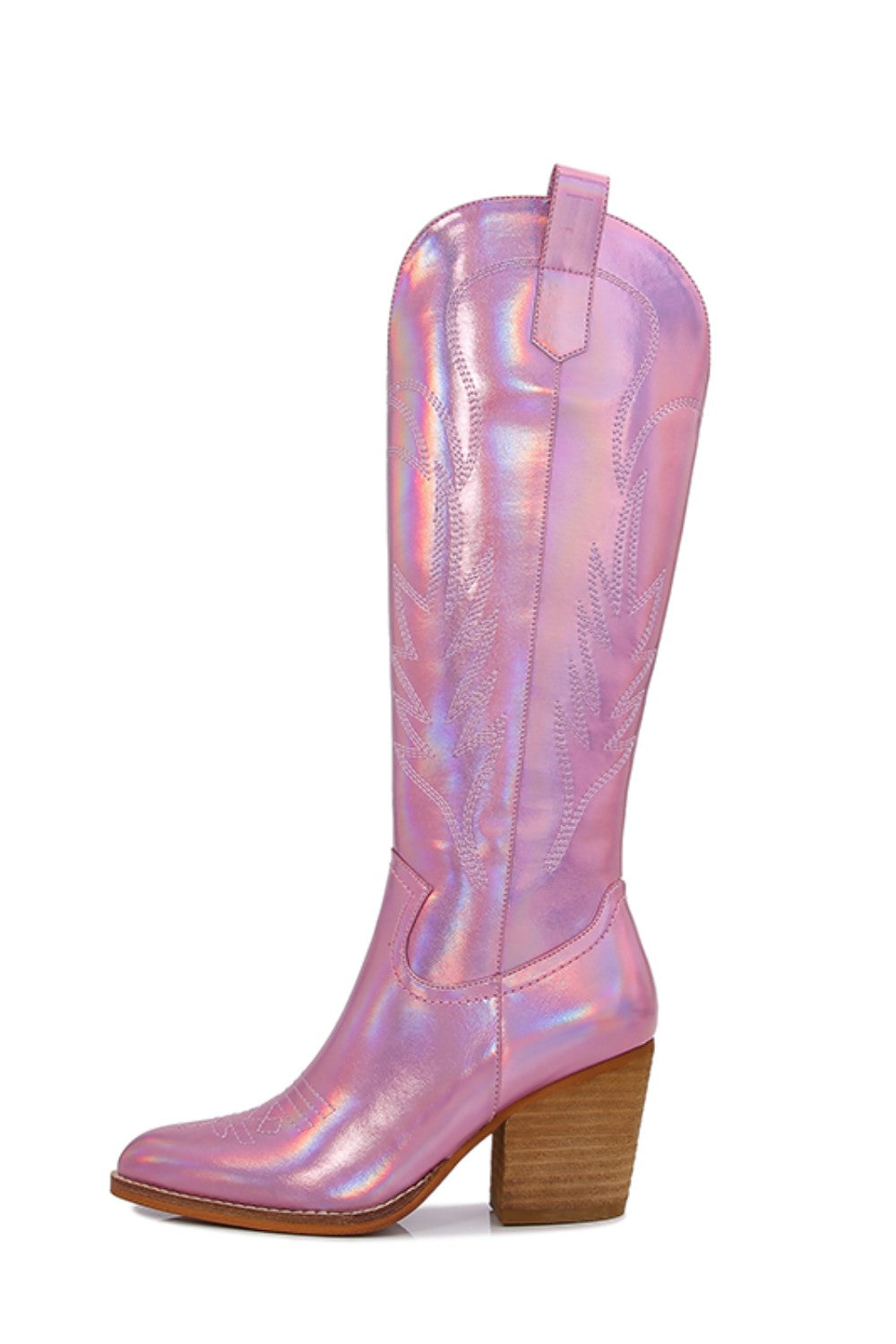 Introducing our knee-high metallic cowboy boots—a fusion of timeless Western charm and futuristic allure. Crafted with attention-grabbing metallic finishes, these boots make a bold statement that effortlessly enhances any ensemble. The sturdy block heel combines style with comfort, while intricate detailing pays homage to the classic cowboy boot design. Step into a distinctive blend of tradition and modernity with these eye-catching boots.