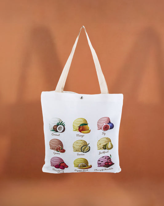 This Mix Fruit Canvas Tote is perfect for carrying all your essentials. It snaps shut securely and is made of materials that are safe for even the most sensitive skin.