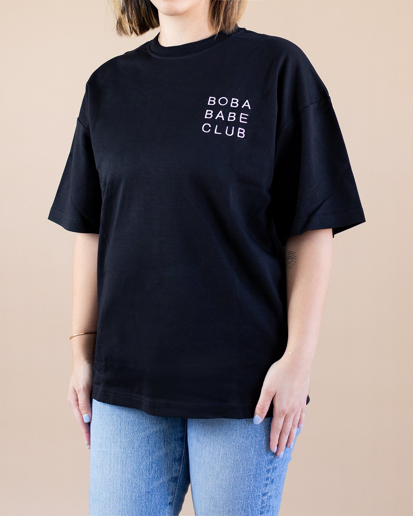 Logo Embroidered T-Shirt, Oversized Tee with Logo, Branded Embroidered Shirt, Custom Logo Oversized Tee, Logo Embroidery T-Shirt,Boba Babe club t-shirt in black