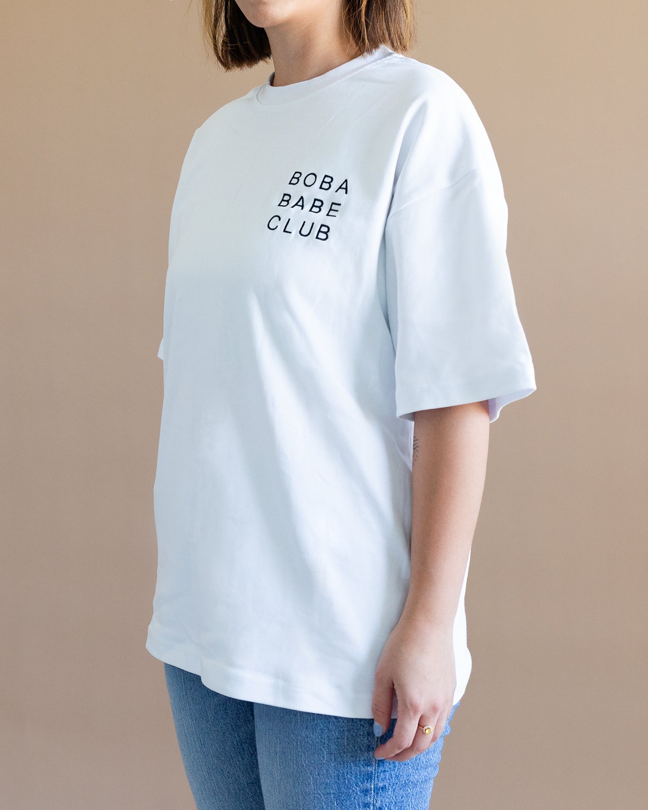 Logo Embroidered T-Shirt, Oversized Tee with Logo, Branded Embroidered Shirt, Custom Logo Oversized Tee, Logo Embroidery T-Shirt,Boba Babe club t-shirt in white