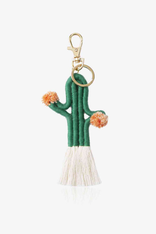 cute cactus keychain by JM, green colorway cactus threaded keychain with  peach color pom pom, gold hardware