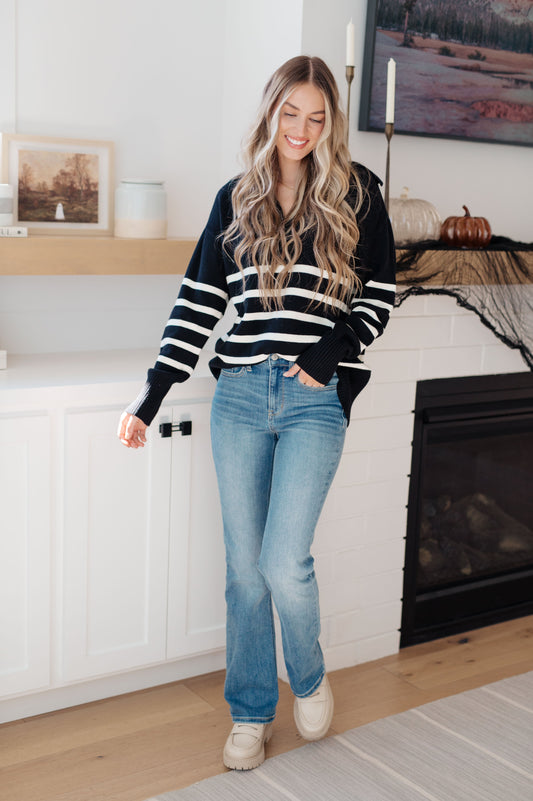 This From Here On Out Striped Sweater adds a bold statement to any wardrobe. It features a soft, sophisticated sweater knit, a collared v-neckline, and balloon sleeves with a relaxed fit. Enjoy the feel of the cozy material and the chicness of the bold stripes.